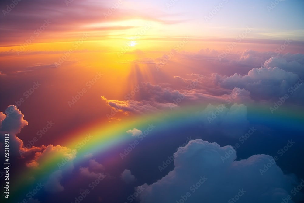 Fantastic sunrise over the sea calming rainbow on rhythm cloud background.