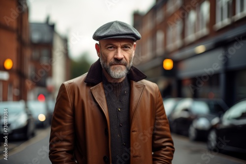 Portrait of a senior man with gray beard, wearing a brown leather jacket and cap, standing on a city street. © Iigo