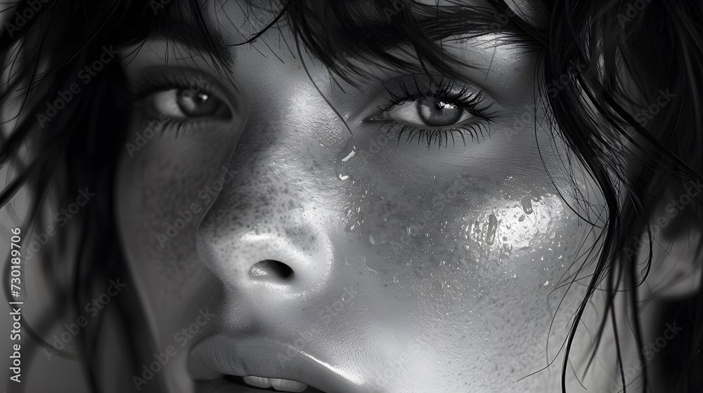 Portrait of a beautiful girl with freckles and wet face