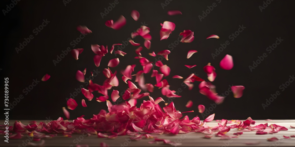 Dance of floating pink petals in the air, flowers in the garden