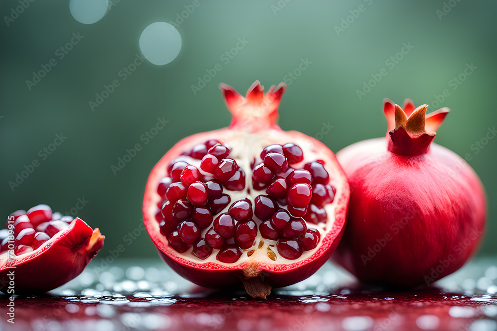 Fresh pomegranate with raindrops. Natural fruits, Tasty and healthy organic food. Playground AI platform.