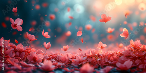 Dance of floating pink petals in the air, flowers in the garden