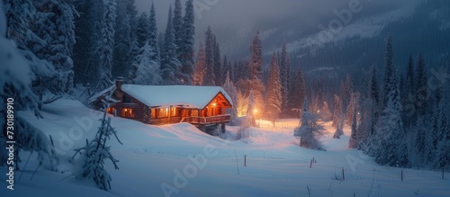 Winter evening picture of a snow-covered cabin near ski resort with lights turned on.