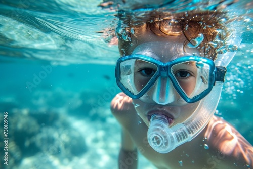 Boy Exploring Underwater with Snorkel Gear