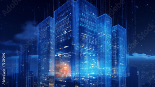 Nighttime Urban Skyline with Digital Skyscrapers and Blue City Lights Illustration