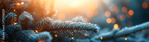 Beautiful Green Blue Fir Tree Branches Background With Bokeh Copy Space. Winter Background And Christmas Tree