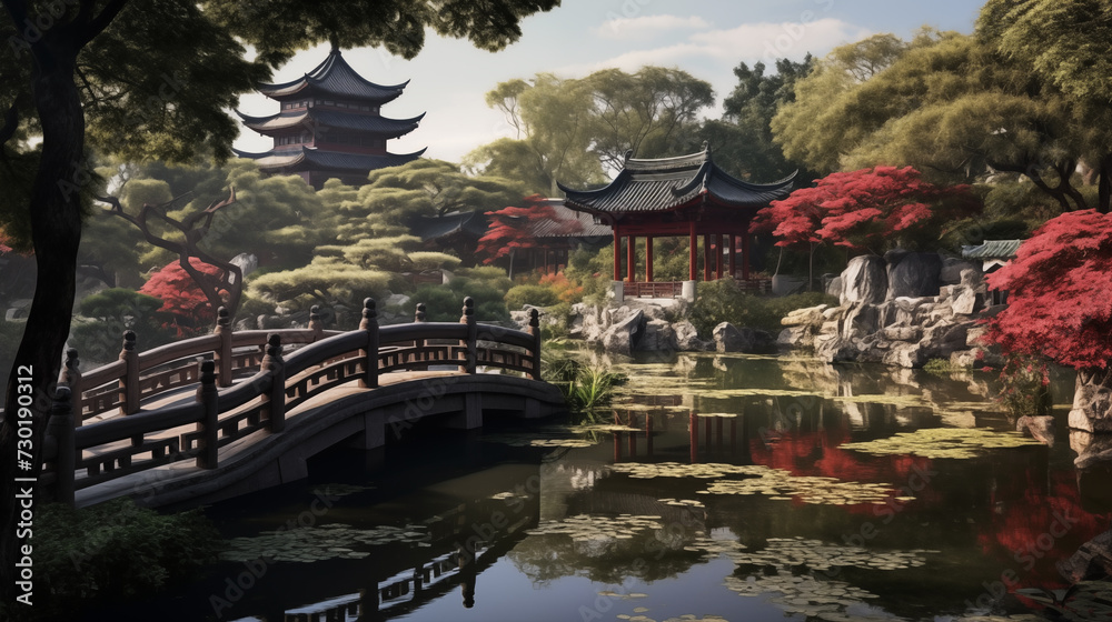 Obraz premium landscape, Morning Serenity in Asian Gardens with Traditional Architecture and Reflective Waters