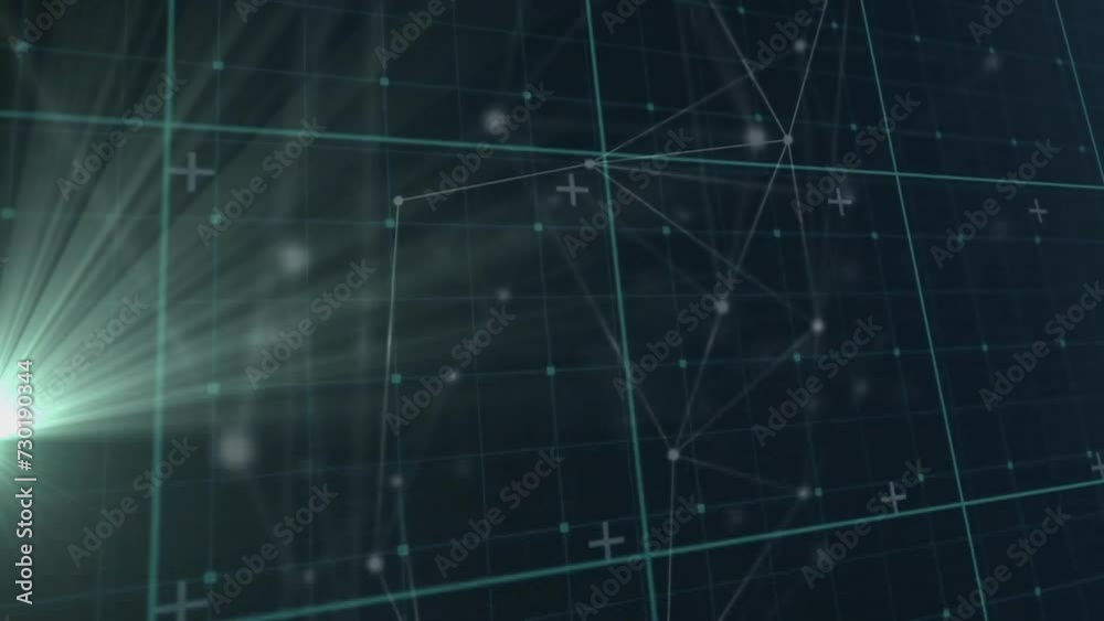 Animation of network of connections and data processing over dark background Animation of network of connections and data processing over dark background