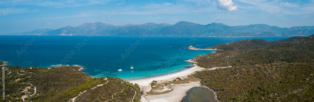 Drone photography of Lotu beach with turquoise waters in Cap Corse