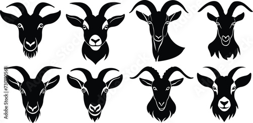 Goat silhouettes set. Set of goat head silhouettes. Vector illustration