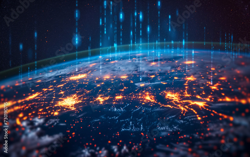 outer space view of planet earth and binary code