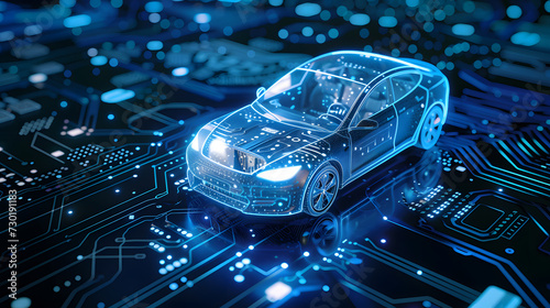 An electric car is depicted in blue on top of a circuit board. photo