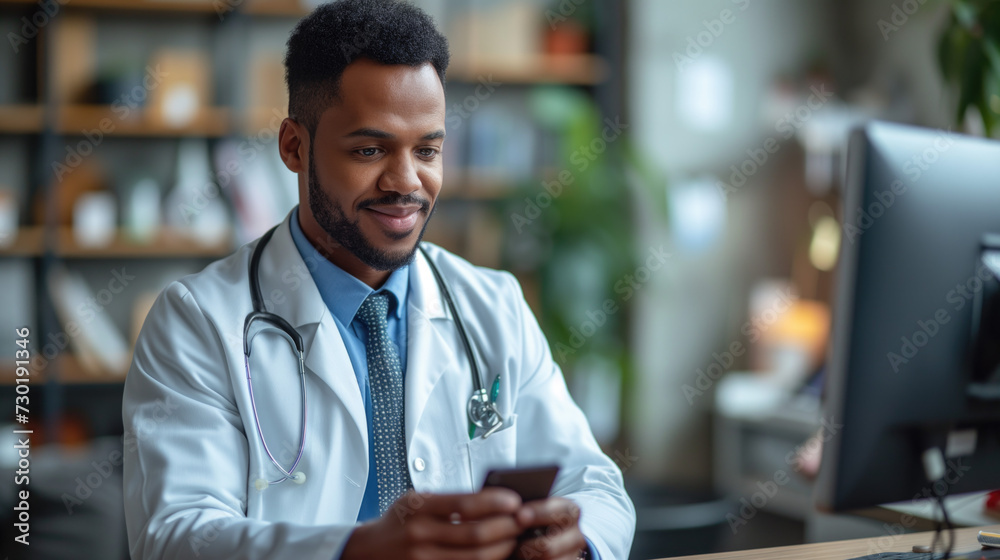 Fototapeta premium Social distancing. Doctor online on smartphone app with male doctor. Online medical clinic, online medical consultation, telemedicine. Online healthcare and medical consultation.