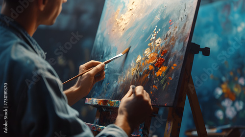 A photo of an artist painting a picture. a man is painting on a canvas. Generative AI.