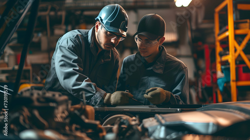 A mechanic is training an apprentice to understand the workings of a car engine. He teaches auto repair in a garage.