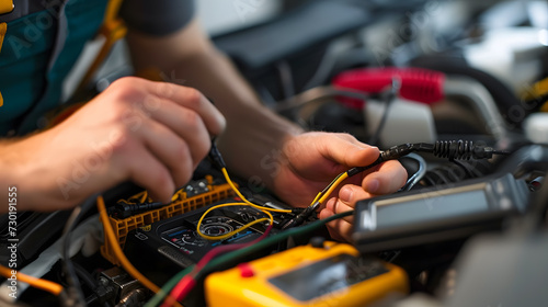 A mechanic working on a car's electrical system, using a multimeter.