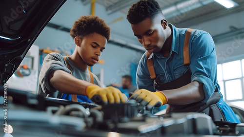 A mechanic is training an apprentice to understand the workings of a car engine. He teaches auto repair in a garage. photo
