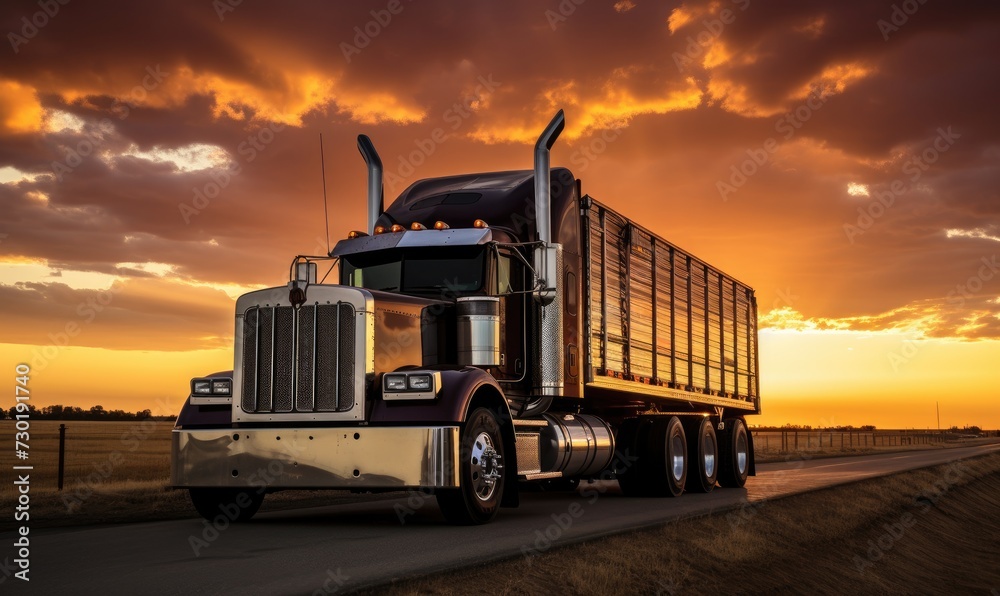 Semi Truck Driving Down Road at Sunset Semi Truck Driving Down Road at Sunset
