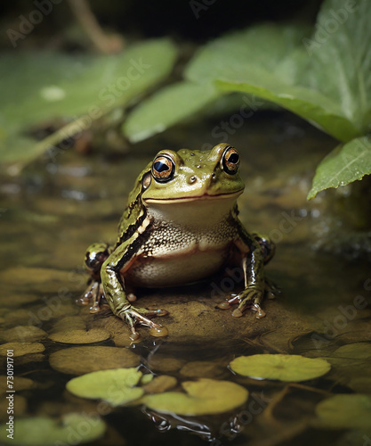 A frog sits in water and algae. Nature