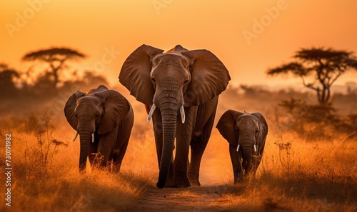 Group of Elephants Walking Down Dirt Road © uhdenis