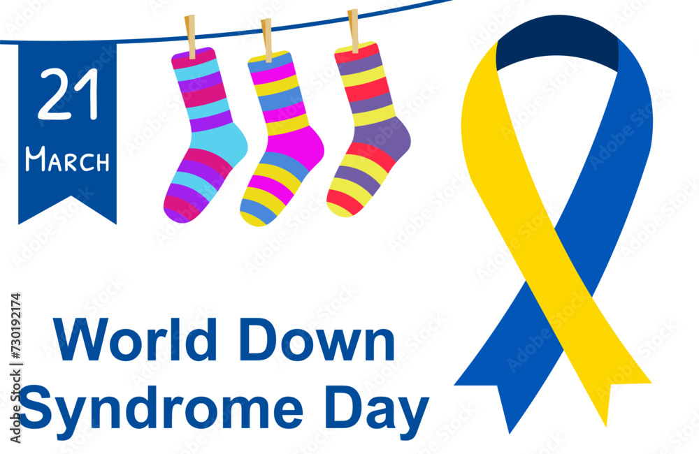 Obraz premium World Down syndrome day. Striped socks and ribbon on a white background. Down syndrome awareness concept.