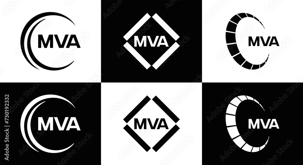 Obraz premium MVA logo. MVA set , M V A design. White MVA letter. MVA, M V A letter logo design. Initial letter MVA letter logo set, linked circle uppercase monogram logo. M V A letter logo vector design. 