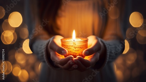 Warm glow  close-up of female hands holding a burning candle with selective focus