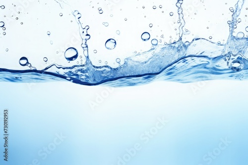 clean blue water surface with splash, ripple and air bubbles underwater on white background