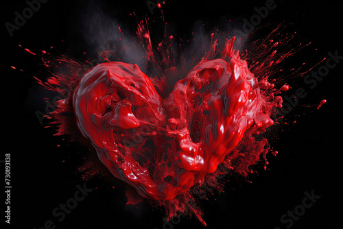 Red Paint Splashes in Heart Shape on Black Background