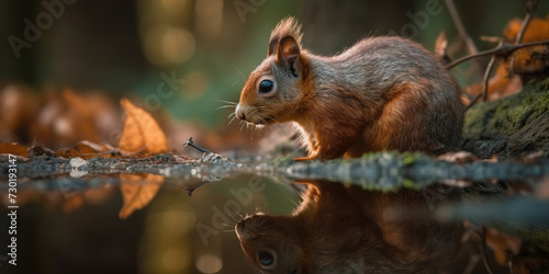 Cute Red Wild Squirrel Looking At Water Reflection In The Puddle In Forest