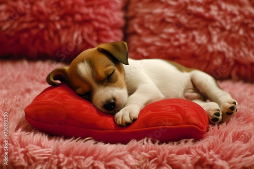 Adorable puppy sleeping peacefully on a red heart-shaped pillow, cozy pink background. perfect for pet lovers. AI © Irina Ukrainets