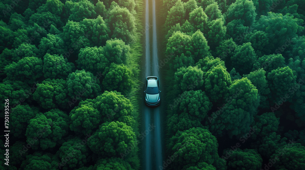 Electric cars going through the forest, EV electric power for the environment natural energy technology Sustainable development goals green energy. - obrazy, fototapety, plakaty 