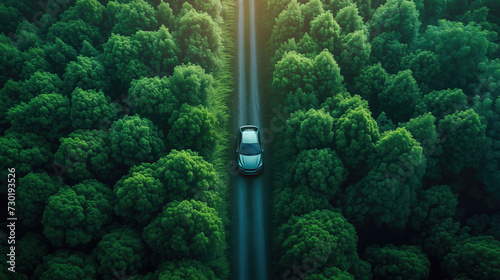 Electric cars going through the forest, EV electric power for the environment natural energy technology Sustainable development goals green energy.