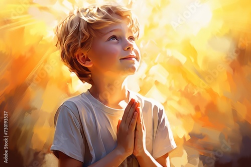 A young boy child praying in the golden sunlight, youthful, cute and dreamy religious image. Lonely boy prays. Child meditates and turns to God with his hands folded on his chest. Concept of religion photo