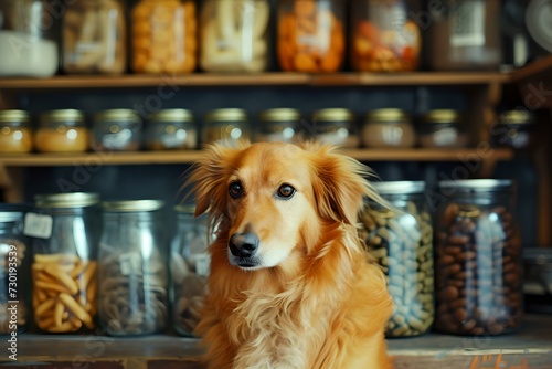 Golden retriever dog posing in front of pantry shelves. pet-friendly kitchen, warm colors. charming household companion portrait. AI
