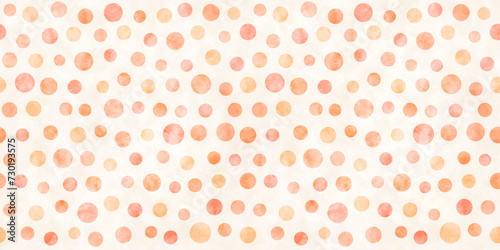 Seamless pattern with peach and coral colors watercolor dots. Polka dot pattern, abstract background with geometric circles and paint texture, vector illustration