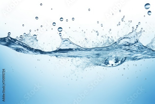 clean blue water surface with splash, ripple and air bubbles underwater on white background