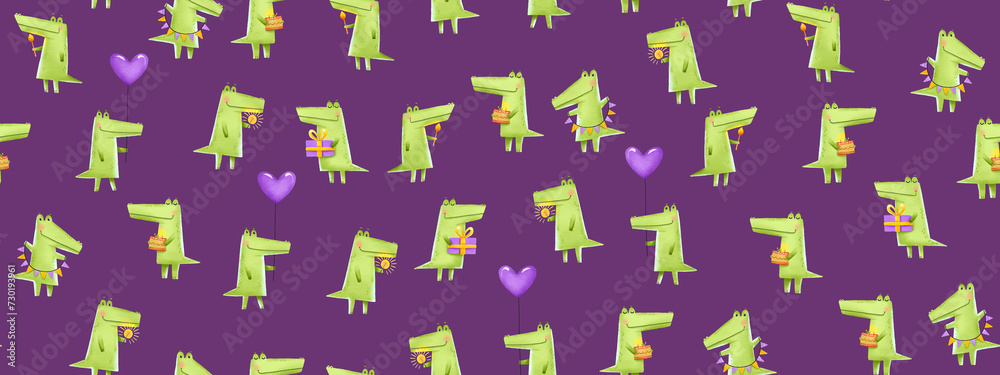 Minimalistic Seamless birthday pattern with green crocodiles. Alligators celebrate birthday with gifts, balloons and cakes, sparklers. Children's background with monsters. Ideal for wrapping paper