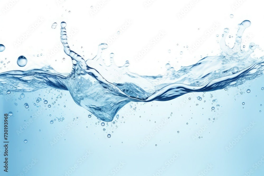 clean blue water surface with splash, ripple and air bubbles underwater on white background clean blue water surface with splash, ripple and air bubbles underwater on white background