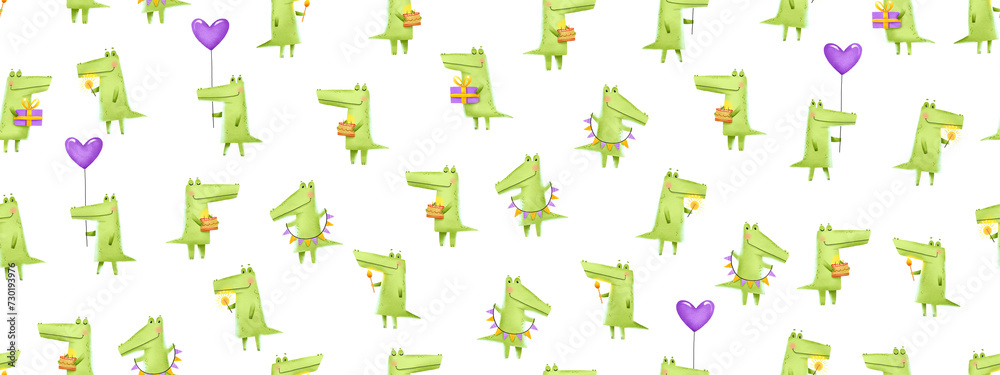Minimalistic Seamless birthday pattern with green crocodiles. Alligators celebrate birthday with gifts, balloons and cakes, sparklers. Purple background with monsters. Ideal for wrapping paper