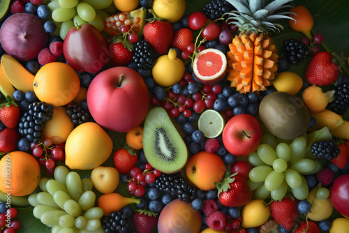 Tropical Symphony  Top-View Assortment of Colorful Ripe Fruits