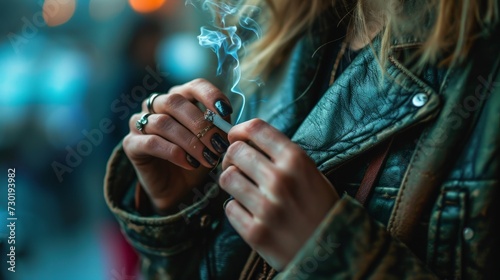 Cropped portrait of woman with cigarette and black nail polish. Model in leather jacket, looks as emo-punk smoking outdoor.
