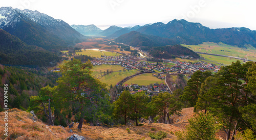 view from lookout point Heldenkreuz to Loisach valley, hiking destination Eschenlohe photo