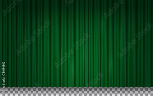 Green curtain for theater stage, circus or cinema. Movie theatre, show scene or comedy club background with green velvet drapes isolated on transparent background, vector realistic illustration