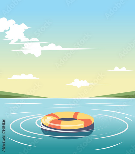 life preserver in a lake with a blue sky and clouds background, Lifebuoy on a lake