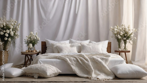 voluminous white pillows and a blanket