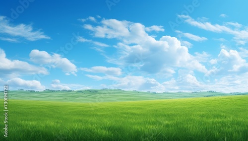 Green field on the horizon Panoramic green field landscape view. Blue mountains background and bright blue sky. Windows background, wallpaper © MD Media
