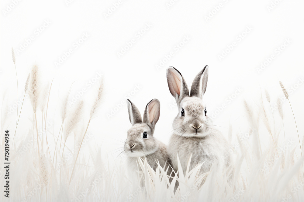 Fototapeta premium Zwei Hasen sitzen im Graß mit weißem Hintergrund