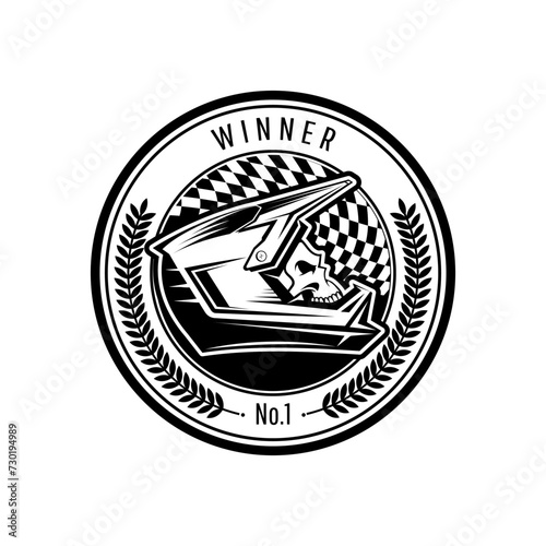 Racing medals for motorsport with a skull racer in helmet. Motocross race winner badge. Vector moto logo.