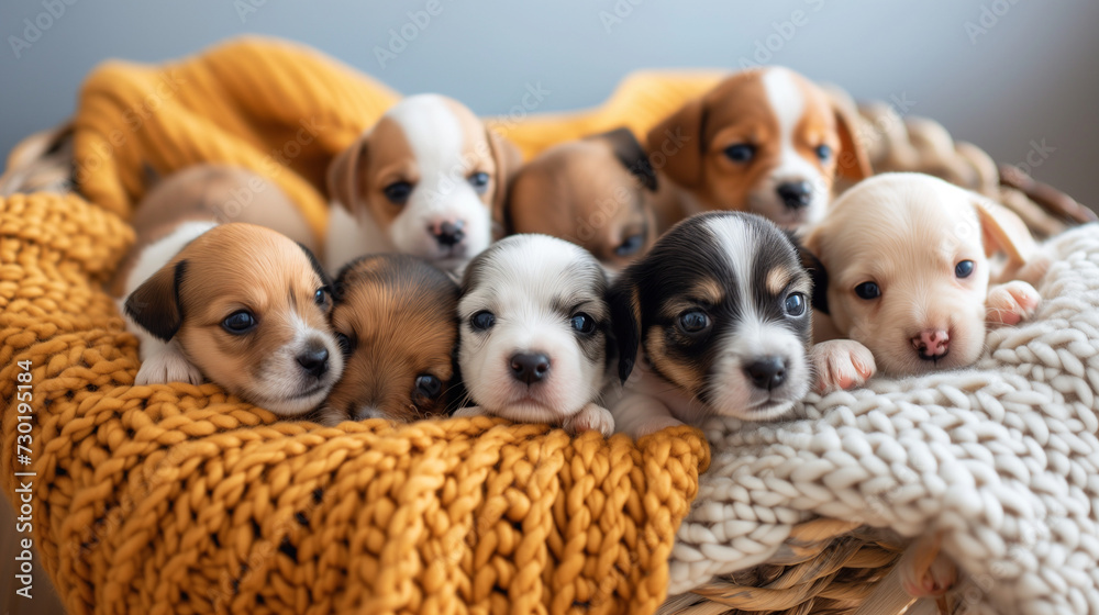 Adorable litter of mixed-breed puppies snuggled in a cozy knit basket, showcasing a variety of coat patterns and expressions, perfect for pet lovers and animal-themed projects